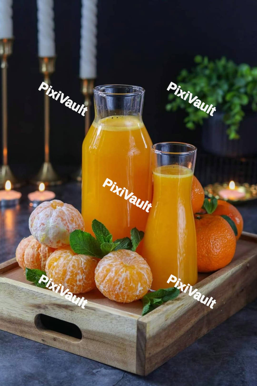 Tangerine Juice on a wooden tray